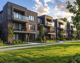 Modern apartment building with balconies and well-kept landscaping at sunset, Modern multifamily