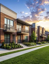 Modern apartment building with balconies and well-kept landscaping at sunset, Modern multifamily