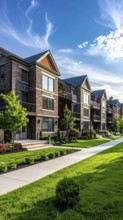 Modern apartment building with balconies and well-kept landscaping at sunset, Modern multifamily