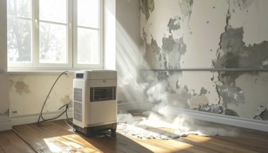 A specialized dehumidifier operates in a mold-infested room following water damage, Shell