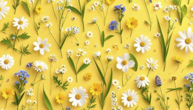 Vibrant wildflowers and grass create a colorful and joyful floral pattern, Variety of wild flowers,