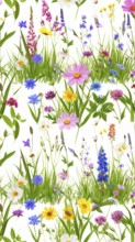 Vibrant wildflowers and grass create a colorful and joyful floral pattern, Variety of wild flowers,