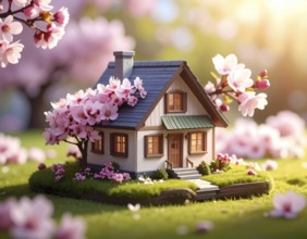 A miniature house surrounded by blooming cherry blossoms and warm sunlight, creating a peaceful and