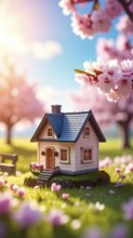 A miniature house surrounded by blooming cherry blossoms and warm sunlight, creating a peaceful and