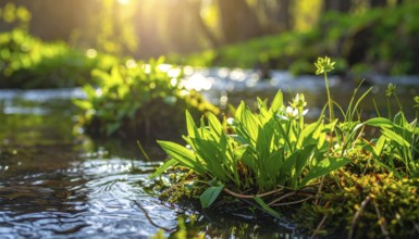 Beautiful spring detailed stream of fresh water, vibrant blooming young green plants, wallpaper