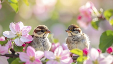Small funny Sparrow Chicks sit in the garden surrounded by pink Apple blossoms on a Sunny may day,