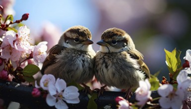 Small funny Sparrow Chicks sit in the garden surrounded by pink Apple blossoms on a Sunny may day,