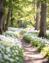A tranquil forest path lined with white flowers, surrounded by tall trees and bathed in soft