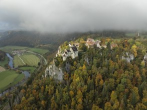 Aerial view of Werenwag Castle and former Werenwag Castle on a rocky spur in the Upper Danube