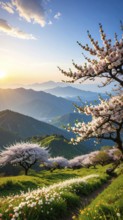 Landscape with a blooming apricot tree, idilyc spring nature, green grass and mountains in