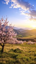 Landscape with a blooming apricot tree, idilyc spring nature, green grass and mountains in