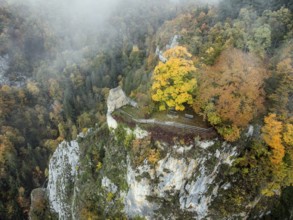 Aerial view of the viewpoint, shovels and Hausen Castle, also known as the Hausen ruins, surrounded