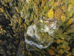 Aerial view of the viewpoint, shovels and Hausen Castle, also known as the Hausen ruins, surrounded