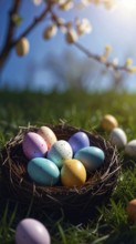 Nest with easter eggs in a basket on grass, sunny spring day, fresh beautiful landscape at
