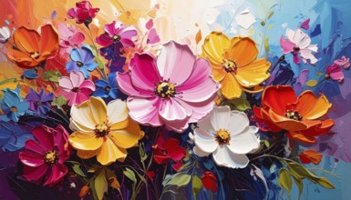 Closeup of abstract rough colorful multicolored organic floral spring flowers art painting texture,