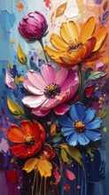 Closeup of abstract rough colorful multicolored organic floral spring flowers art painting texture,