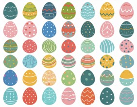 Set of easter eggs flat design on white background, abstract vector wallpaper illustration, banner