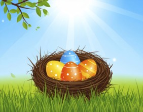Nest with easter eggs in grass on a sunny spring day, Easter wallpaper decoration drawing, banner,