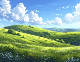 Fresh summer hilly Landscape with blooming Meadow, green plants, Blue Sky with cloudy sky, serene