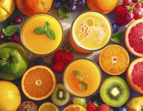 Fresh fruit juices in glasses, surrounded by colorful fruits, showcasing healthy drinking and