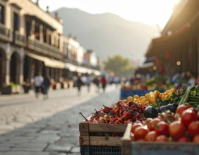 Traditional Mexican plaza with crates of peppers, onions, and tomatoes, economic prosperity in