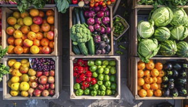 Fresh fruits and vegetables in a market display, aerial view perpendicular top down, healthy eating