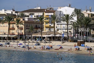 View of the beach and old town of Jávea or Xàbia, Alicante Province, Comunidad Valenciana, Spain