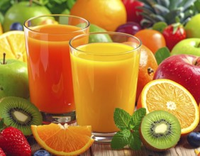 Fresh fruit juices in glasses, surrounded by colorful fruits, showcasing healthy drinking and