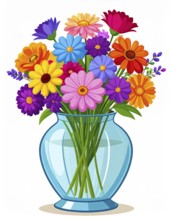 Crystal glass vase with vibrant blooming flowers, vibrant vector drawing illustration for fresh