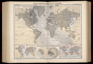 Atlas of Geomagnetism showing lines of magnetic declination, isogonic lines or isogonic chart, for