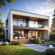 Modern residential house with green garden, simple geometric architecture, clear blue sky in the