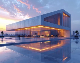 Modern building reflecting sunset light at dusk. Abstract Futuristic Business Background, AI
