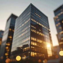 Modern building reflecting sunset light at dusk. Abstract Futuristic Business Background, AI