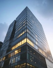 Modern building reflecting sunset light at dusk. Abstract Futuristic Business Background, AI