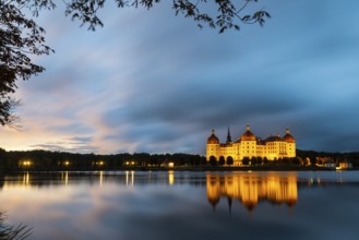 Moritzburg Castle in the blue hour, castle pond, reflection, sunset, Moritzburg, Saxony, Germany