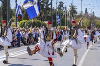 The traditional changing of the guard of the Evzones in front of the Greek Parliament in the Greek