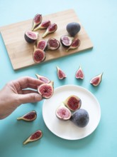 Hand holding fresh cut fig over a plate with more figs