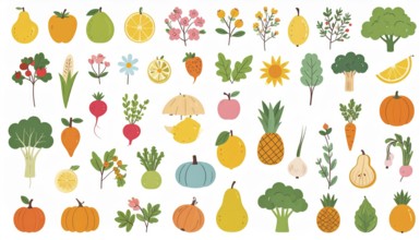 Spring and summer fruit and vegetable element set, vector illustration, AI generated