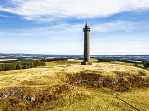 Waterloo Monument over Scottish fields and farms from a drone, Jedburgh, Scotland, UK