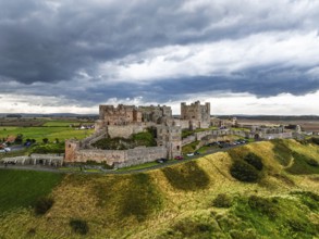 Bamburgh Castle from a drone, Northumberland, Northeast Coast, England, United Kingdom