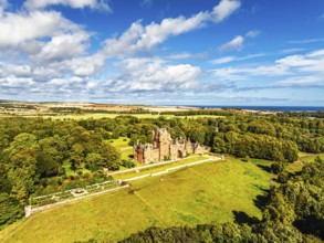 Ayton Castle from a drone, Ayton, Eyemouth, Scottish Borders, Scotland, UK