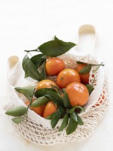 Ripe tangerines with green leaves inside a reusable mesh bag promoting sustainable shopping