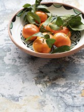 Vibrant tangerines with green leaves arranged in a decorative ceramic bowl, set against a rustic