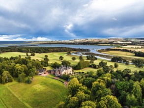 Tyninghame House over River Tyne from a drone, East Lothian, Scotland, UK