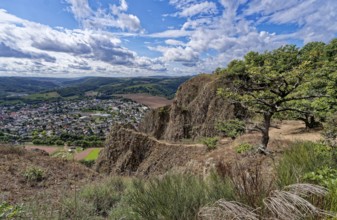 Ausblick vom Rotenfels, einer Steilwand am Naheufer im Naturpark Soonwald-Nahe, auf das Nahetal und
