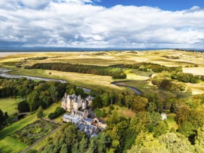 Luffness Castle from a drone, Aberlady, East Lothian, Scotland, UK