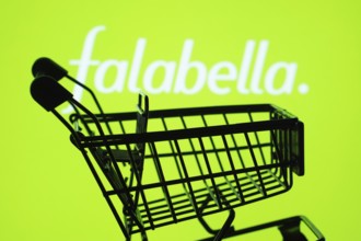 Dhaka, Bangladesh- 03 Oct 2025: Silhouette of a shopping cart in front of the Falabella. logo,