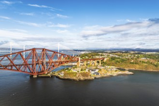 Forth Bridge from a drone, Queensferry Crossing, Forth Estuary, Scotland, United Kingdom