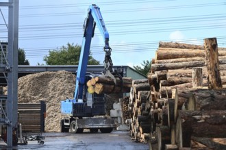 Wood storage and mechanical log transport on the premises of Energie-Mann in the Westerwald. Wood