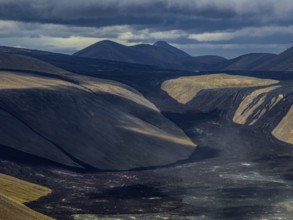 Lava, lava field, summer, cloudy, sunny, aerial view, Fagradalsfjall, Reykjanes, Iceland